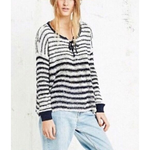 Free People Sweaters - NWT Free People Navy White Striped Soft Knit Lace Up Sweater | Coastal Boho Prep
